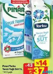 PINAR/TORKU YARIM YAĞLI SÜT 1 L